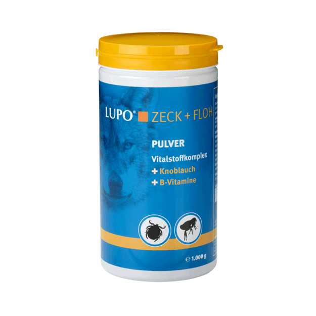 Lupo Zeck+Floh papildas su česnaku ir vitaminų kompleksu, apsaugantis nuo išorinių parazitų (erkių, blusų) 